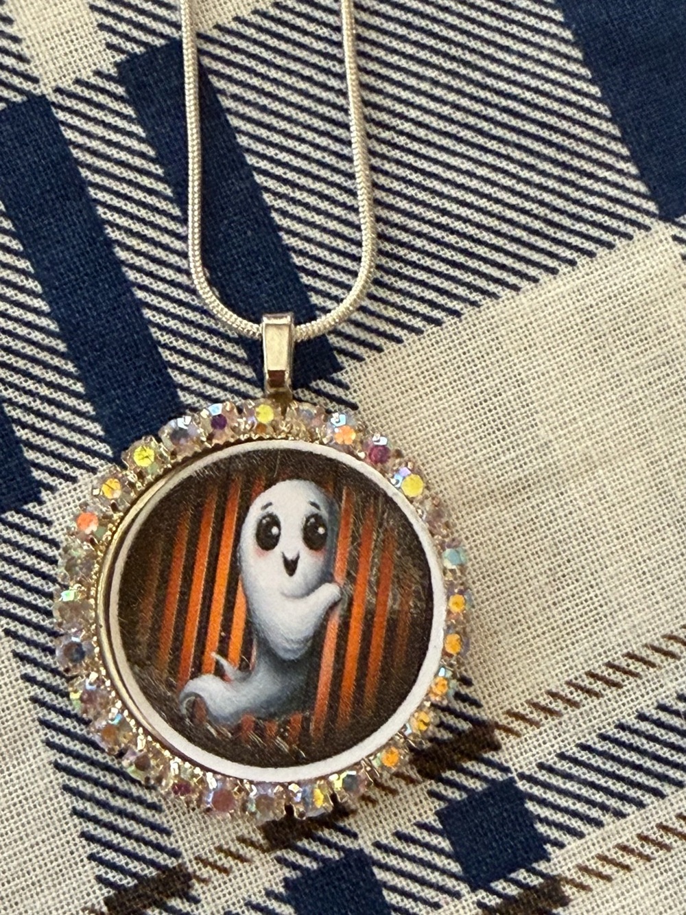 Cute Ghost Pendant Necklace in White with Crystal Accent
